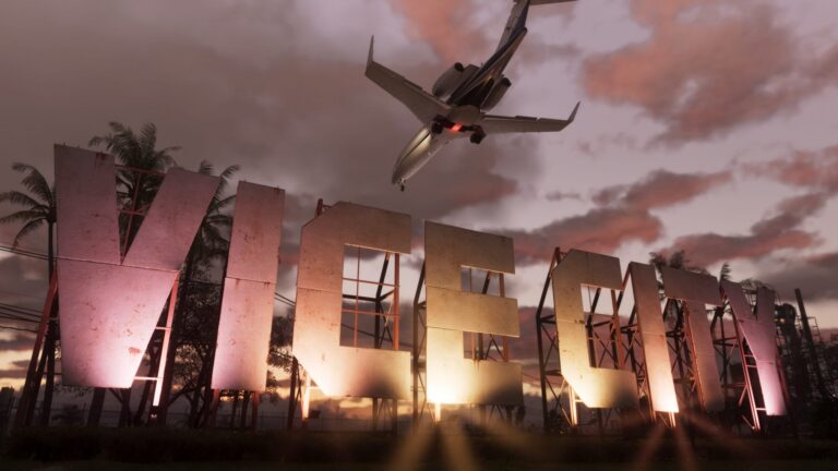 GTA 6 bate recorde: letreiro de Vice City ao pôr do sol em imagem oficial
