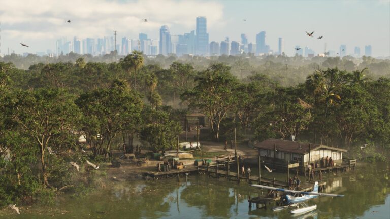 Mapa de GTA 6: pântanos de Grassrivers com o horizonte de Vice City ao fundo