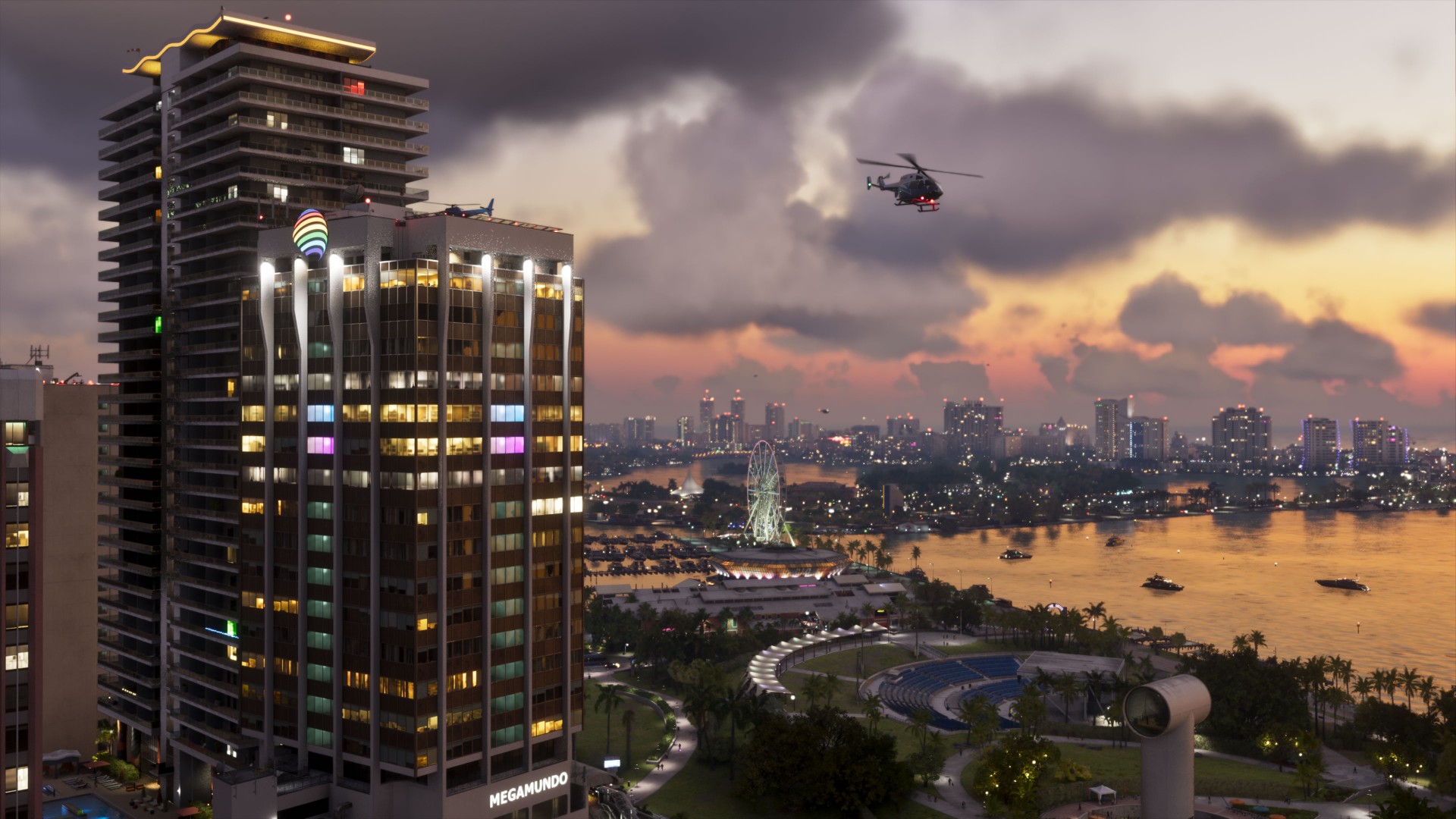 GTA 6 no PC: prédios de Vice City ao entardecer