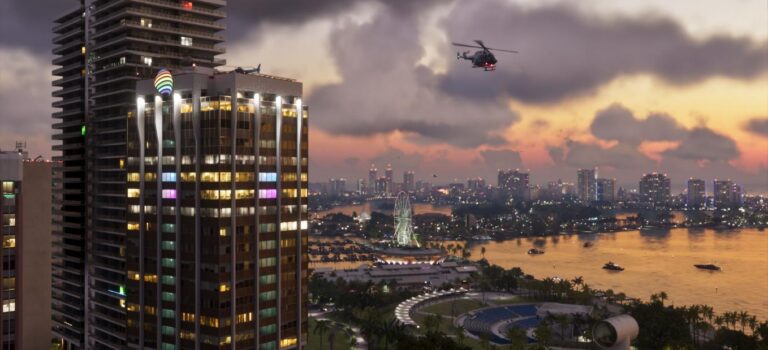 Vista aérea de Vice City em GTA 6, imagem oficial da Rockstar