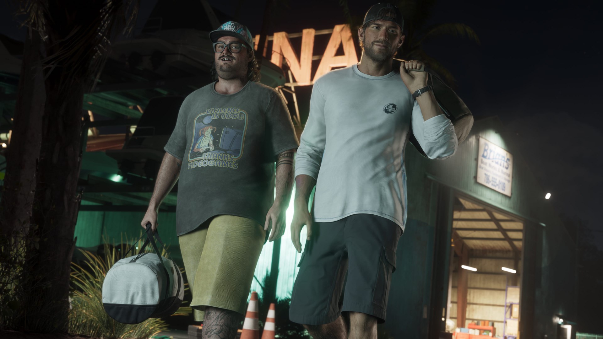 Marca d'água em GTA 6: personagens caminhando à noite em imagem oficial do jogo