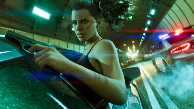 Polícia de GTA 6: Lucia diante de viaturas com sirenes ligadas em Vice City