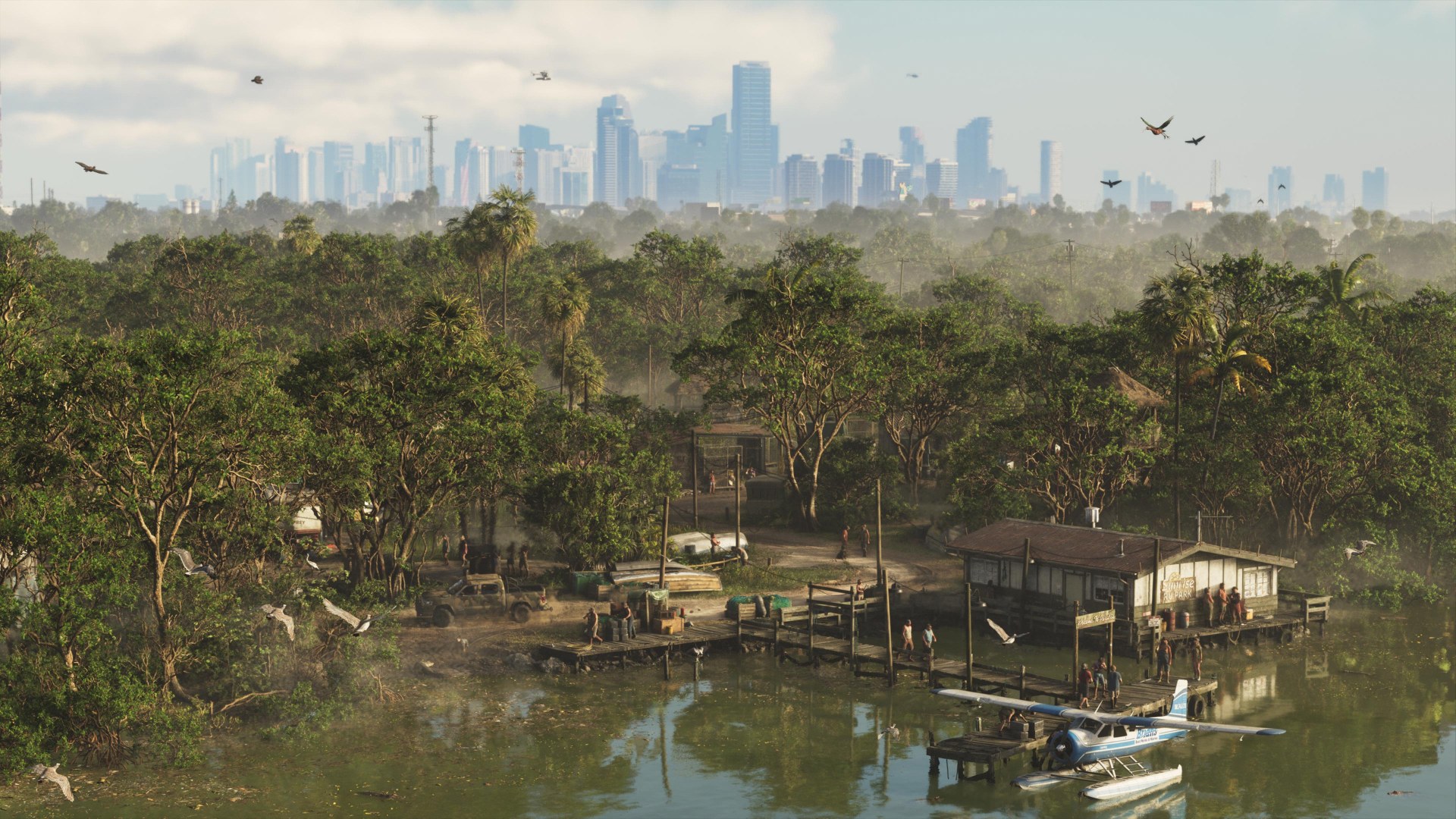 Mapa de GTA 6: pântanos de Grassrivers com o horizonte de Vice City ao fundo