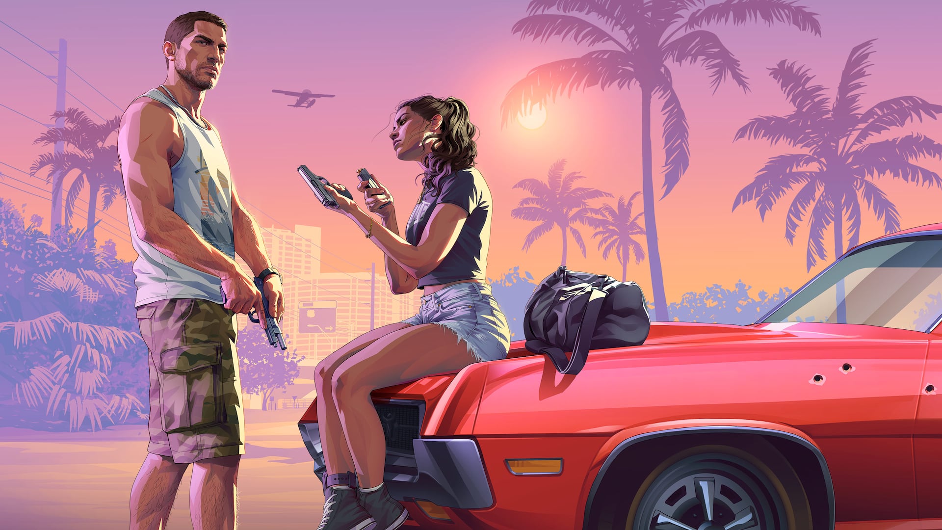 GTA 6 missões: Jason e Lucia armados em arte oficial da Rockstar Games