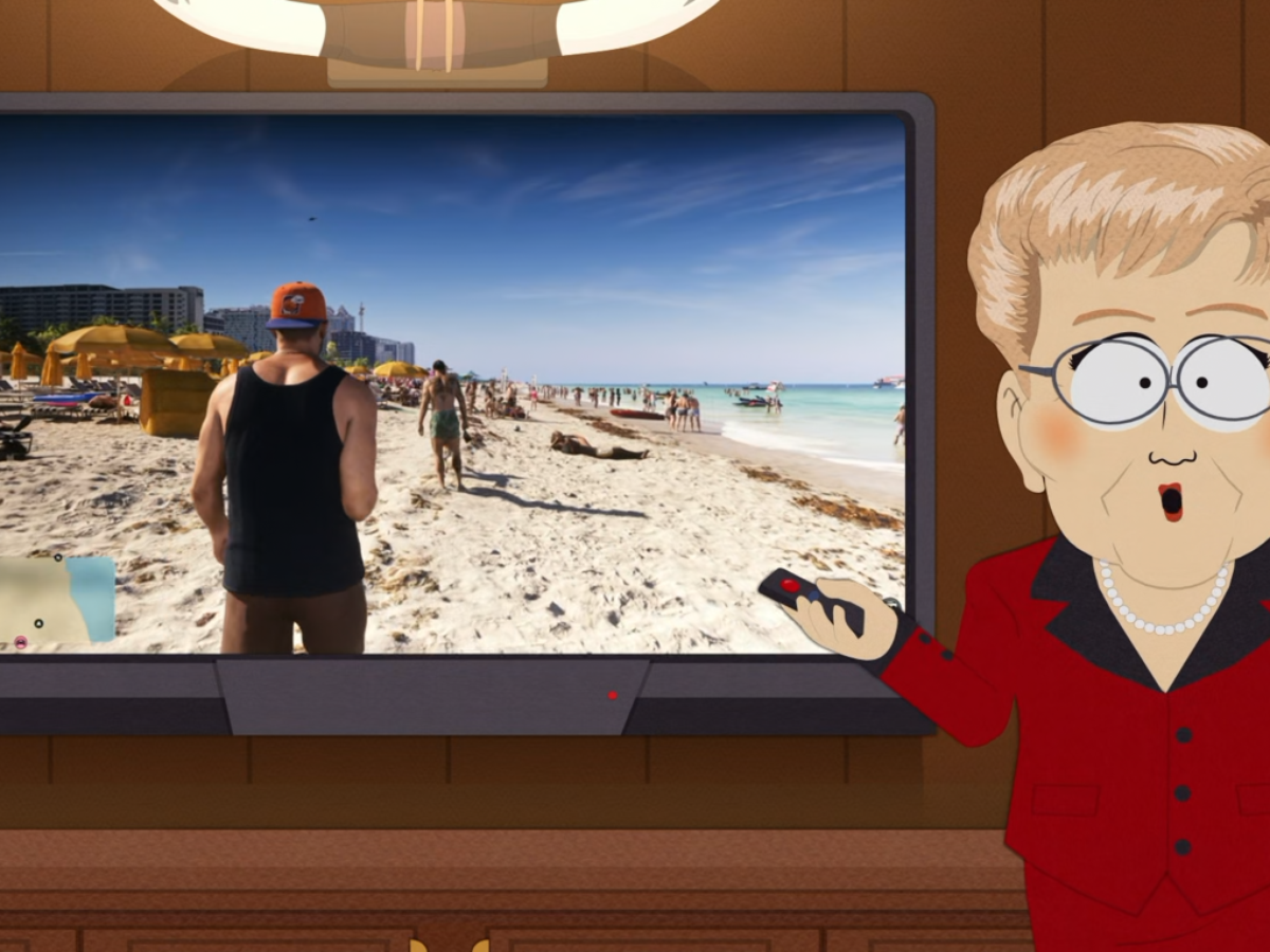 GTA 6 em South Park: cena de gameplay com Jason Duval em praia lotada