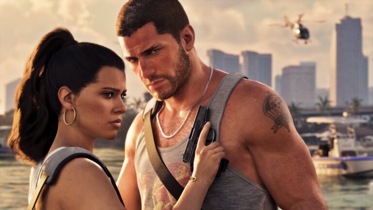 Jason e Lucia em GTA 6 abraçados em Vice City